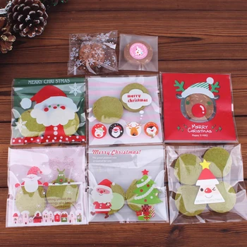 100PCS Natal Branco Série de OPP, Saco do Empacotamento de Renas Lanches Saco de Presente de Cookie Auto-adesivo Sacola para Doces Kpop Cartão de Protetores
