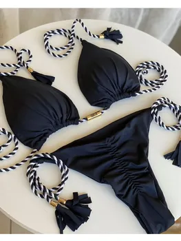 13 Cores Novas Sexy Bikini Swimwear Das Mulheres De Maiô Trançado De Tiras De Borla Triângulo Biquínis Conjunto De Roupa De Banho Praia De Biquíni Feminino