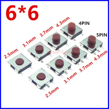 20/100PCS 6*6*2.5 / 3.1 / 3.7 / 4.3 mm SMD Interruptor 4 / 5 Pinos pés tocam Micro-Interruptor de Botão de pressão Alterna Vermelho 6X6 Tact Switch