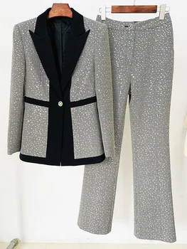 2022 Primavera, Outono Elegante OL Pantsuit as Mulheres elegantes de Alta Qualidade Lantejoulas Blazer e Jaquetas +Calças compridas de Duas peças de Conjunto F227