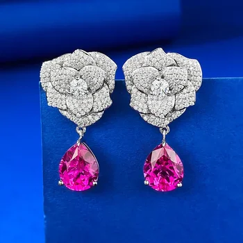 2023 Novo S925 Prata Completo Diamante Camellia 9 * 11 Rose Brincos das Mulheres Requintado Estilo Versátil