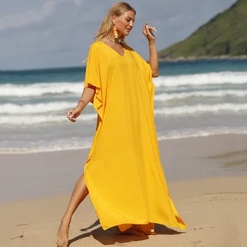 2023 Primavera, Verão, Praia Blusa Vestido Solto De Grandes Dimensões Boêmio Vestido De Biquíni Jaqueta Mulheres Protector Solar A Roupa Amarela
