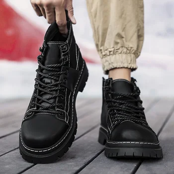 2023 Sapatos de Inverno para o sexo Masculino Lace-up Homens Ankle Boots Praça Calcanhar Casuais Sapatos de Costura Homem de Botas de Zapatos De Hombre