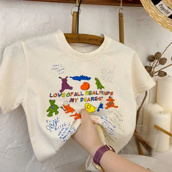 2023 Verão Meninos T-shirts cartoon impresso short sleeve Tee de Crianças Laple colar de algodão Fino Estilo Tops