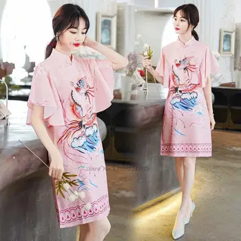 2024 chinês vintage vestido doce qipao nacional phoenix impressão cheongsam fairy dress oriental elegante jantar vestido de festa de casamento