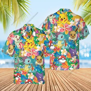 2024 Pokemon Squirtle Camisa Havaiana Homens Mulheres Crianças Manga Curta Com Botão De Camisa Aloha Anime Raichu Camisa De Praia Casual Camisa