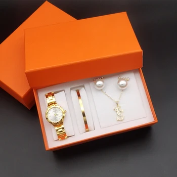 4Pcs de Luxo, Relógios de Quartzo Mulheres da Moda à prova d'água Quartzo Mulheres Relógio de Aço Senhoras Relógio reloj mulher com Conjunto de Acessórios+Caixa