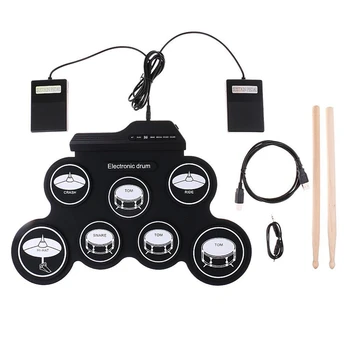 A Música eletrônica Tambores de Mão Rolo USB Tambor Preto Gel de Sílica 7-Pad Kit Com Baquetas Pedal de Sustain