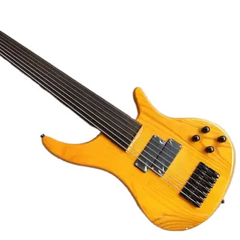 Amarelo Transparente 7 Cordas Do Baixo Elétrico Guitarra Corpo De Cinzas Rosewood Braço Fretless Personalizável