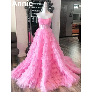 Annie cor-de-Rosa Vestidos de Baile de Cetim Tule de Multi-camadas de Vestido de Noite SweetheartStrapless Chão Comprimento Ocasião Formal Vestido de Festa