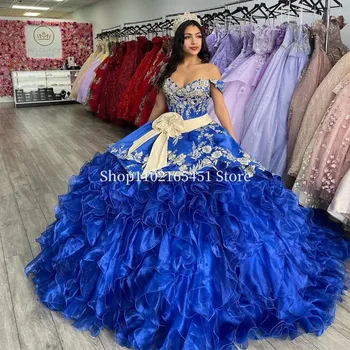 Azul Royal Vestidos de Quinceanera Princesa Doce de 15 Anos Babados Saia de Vestidos de Festa com Apliques de vestidos de quinceañera