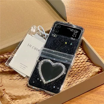 Caso de telefone Para Samsung Galaxy Z Flip 3 4 5 Z Flip5 ZFlip5 3D Coração de Amor Espelho Pulseira de Glitter Tampa Traseira à prova de Choque