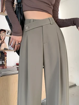 Chic de Moda Cintura Alta de Mulheres de Calças de 2023 Outono Inverno Solto e Casual Longa Reta Calças de Mulher Elegante Escritório de Perna Larga Calças