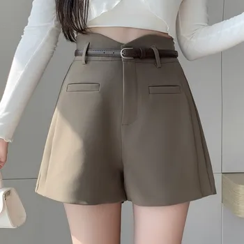 Cintura alta Cinza Trabalho OL Curto Calças Com Cinto de 2023 Queda Casual Ternos de Tecido de Perna Larga Shorts Mulheres