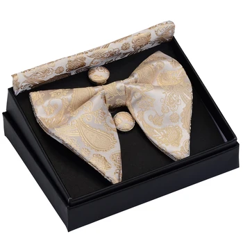 Clássico Paisley de Seda Verde Grande gravata borboleta Arco&Lenço&botão de Punho de Conjunto para o Homem, a Parte do Negócio Acessórios do Casamento Com Caixa de Presente