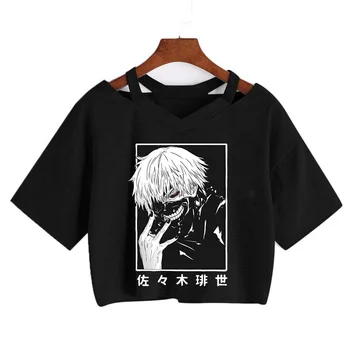 Crop Top Anime Japonês Kaneki Ken Y2k Tóquio Ghoul T-Shirt das Mulheres Kawaii Mangá Gráfica Tees de Moda Camiseta de Verão, Tops, T-shirt