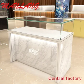 Customluxury loja de varejo high-end personalizado madeira, vidro, trava definida rodada de gabinete da exposição da jóia, contador de vitrine para a loja