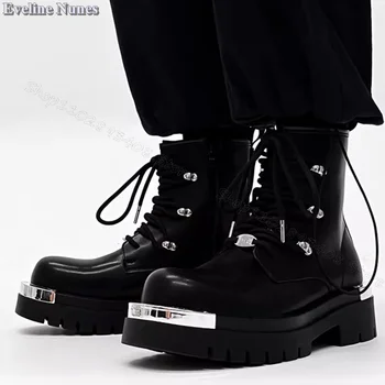 De Black Metal, Decoração Homens Botas Resistentes ao Desgaste Rendas até Sapatos de Zíper Lateral Estilo Britânico Casuais Sapatos de Tamanho 37-44 Zapatillas Mujer