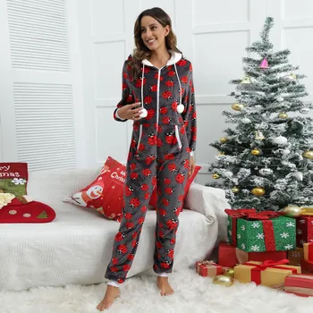 Engraçado Joaninha Impressão Macacão Pijama Mulheres de Lã Pijamas Quente com Capuz Macacão Macaquinho Clubwear de Pijamas de Pelúcia Homewear