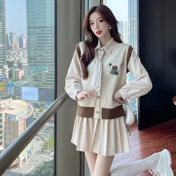 Faculdade Camisa de Vestido de Malha Veste Duas peças de Conjunto de Mulheres coreano Temperamento V-pescoço Emenda Laço de Moda Doce Solta Celebridade Outono Terno