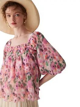 Francês elegante de alta qualidade pista de estilo impresso plissado tops de tamanho Grande, de pescoço Quadrado médio de mangas chiffon camisa blusa cor-de-rosa