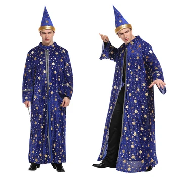 Halloween Mágico Homens de Túnica Azul e Chapéu de Estrelas, Lua Mágica Assistente de Traje Cosplay para Adultos Decoração de Vestuário