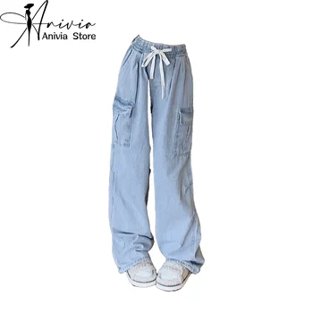 Harajuku Streetwear Retro Mulheres de Cintura Alta Jeans Elástica cintura Bolso Grande na Perna Reta Solto, Denim, Calças de Y2K Calças Largas