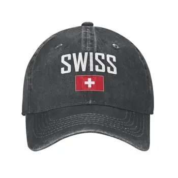 Homens de Boné de Beisebol Suíça Bandeira SUÍÇA E a Fonte de Carvão Lavado Jeans Vintage Clássico de Algodão Pai Trucker Hat Unissex Adulto