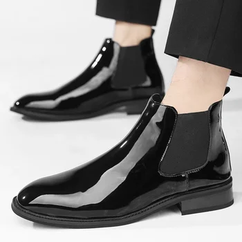 Homens quentes Chelsea Boots Macio Couro de Patente Vestido de Casamento Sapatos para o sexo Masculino Plano Formal de Negócios Tornozelo Tendências da Moda Street, High-end