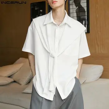 INCERUN Tops 2023 Estilo coreano Homens Bonitos Soltas Destacável Xale Blusa Casual de Moda Sólido Curto Camisas de Mangas S-5XL
