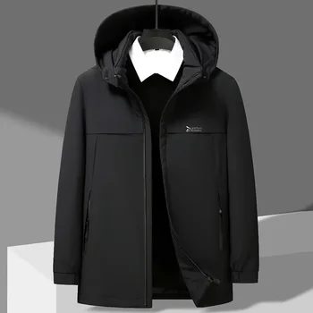 Jaqueta masculina de Comprimento Médio Cor Sólida Engrossado Quente Casaco de Inverno com Forro Destacável