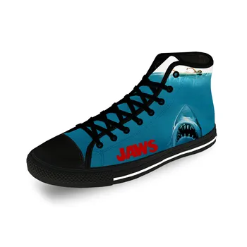 Jaws Filme Tubarão Horror Casual Engraçado Pano de Impressão 3D de Alta Top Canvas Sapatos da Moda, Homens, Mulheres, Leve e Respirável Tênis