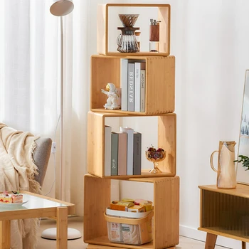 Material de bambu Rotação Bookshelf Tipo de Pavimento Sala de estar, Secretária, Armazenamento de Prateleira de exposição de Crianças Moderna Casa Simples Estante