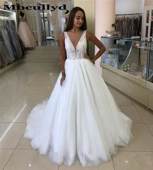 Mbcullyd Decote Em V Vestido De Noiva 2023 Branco Apliques De Laço Nupcial Vestidos Formais Plus Size Tule Vestido De Noiva