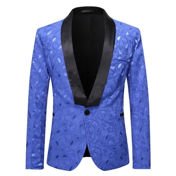 Mens Azul Royal Floral Com Blazer Jaqueta De Terno Elegante, Um Botão De Xale Gola Smoking Blazers Homens De Partido Do Jantar Baile De Casamento Traje