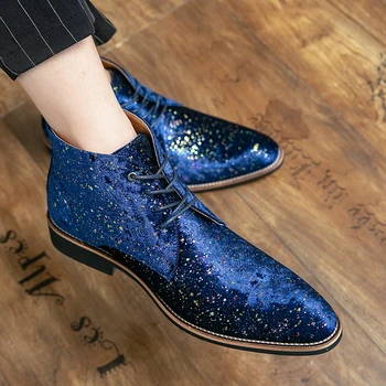 Moda clássica Azul Bling Chelsea Boots de Couro dos Homens Apontou Homens Luxo Sociais de Tamanho de calçado 38-45 Elegante do Casamento Sapatos de Homens Botas