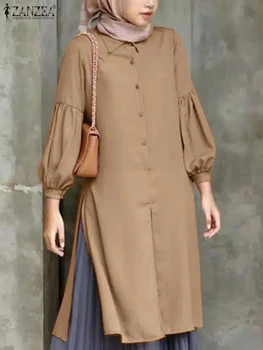 Moda Muçulmana Blusa Tops da Mulher Outono Camisas Longas ZANZEA Turquia Abaya Vintage Sólido de Manga Longa, Blusas IsIamic Roupas