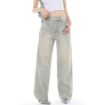 Mulheres Azul Jeans De Cintura Alta Americana De Moda Streetwear De Perna Larga Jean Feminino De Verão Vintage Calças Retas Largas Calças Jeans