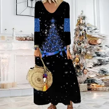 Mulheres Casual V-pescoço Solto Boho Vestido Longo de Natal Impressos em 3D Sharkly Vestido de Festa Outono de Manga Longa colcha de Retalhos Soltos Maxi Dress