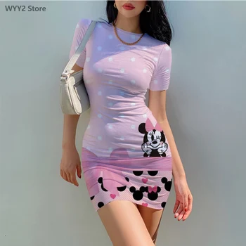 Mulheres de Disney do Minnie do Vestido Sexy 2023 Verão Europeu e Americano Apertado de Manga Curta Vestido de Impressão 3D Mini Vestido