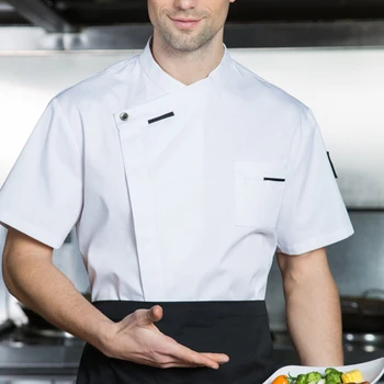 Mulheres/Homens Casual Chef de Trabalho Cozinheiro Manga Curta Camisa Respirável de abotoamento Duplo Respirável, Absorção de Suor Chef-Uniforme de trabalho