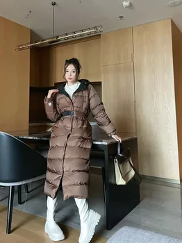 Mulheres Quentes Jaqueta Com Capuz Zíper Cinto Da Moda De 2023 Inverno Espessamento Da Metade Do Comprimento Para Baixo Do Brasão