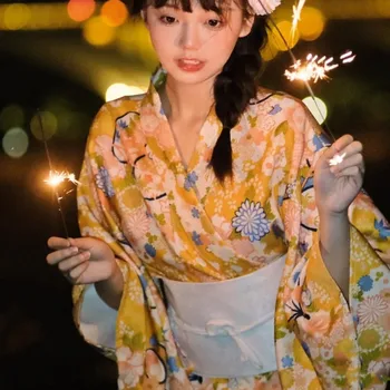 Mulheres Tradicional Quimono Japonês com Obi Branco Flor Impresso Yukata Traje Cosplay de Realizar a Fotografia Desgaste