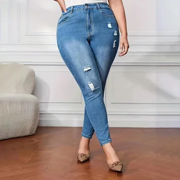 Mulheres Trecho Rasgado Skinny De Cintura Alta Jeans, Calças De Moda Elástica Angustiado Desfiado Calças De Brim Das Mulheres Calças Jeans Calças