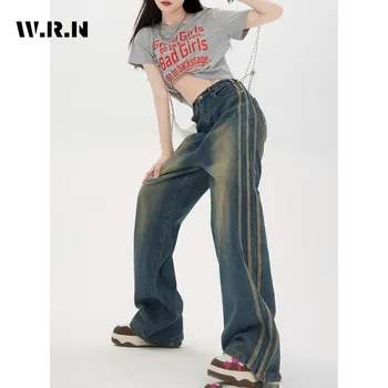 Mulheres Y2K Harajuku Vintage Listrados Cintura Alta Solta Calças Jeans 2023 Outono de Perna Larga Folgado Streetwear Estilo de Jeans, Calças