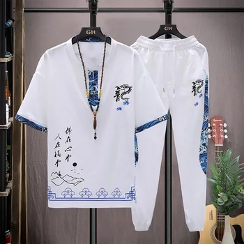 Novo Chinês Tang Estilo de Treino de Homens de Verão Fina e Respirável Conjunto Casual Manga Curta T-shirt, Calças de Dois Conjunto de peças de Vestuário Masculino