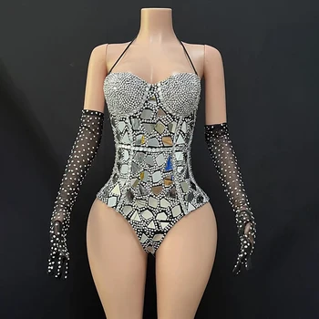 Novo Design Black Mirror Bodysuit Para Mulheres Com Luvas