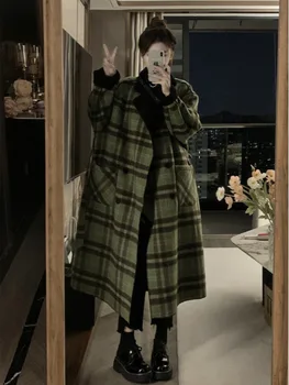 Novo Estilo coreano Edição Cintura Xadrez Casaco Casaco Slim Fit Mais de Joelho, Casaco de Lã Longo de Moda feminina do Outono Inverno A117