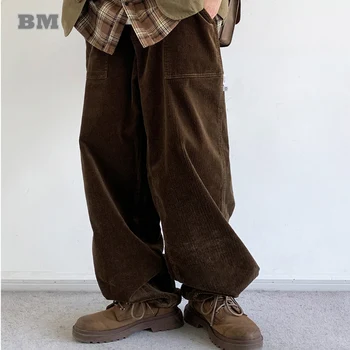 O Coreano De Hip Hop De Veludo Casual Calças Para Homens, Roupas De Streetwear Vintage Carga Solta Calças De Harajuku Calças Esportivas Masculino