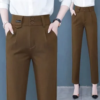 Office Lady Moda Cintura Alta Ternos, Calças De Primavera Coreano Mulheres De Roupas Bolsos Café Lápis Casual Reta Calças E49